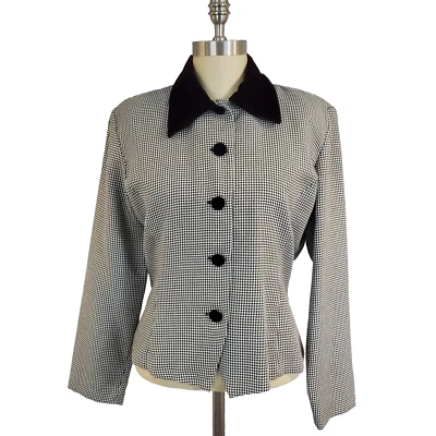 复古 90 年代女式千鸟格天鹅绒领西装外套夹克学院风职业学院 L  — 第 1/4 张图片