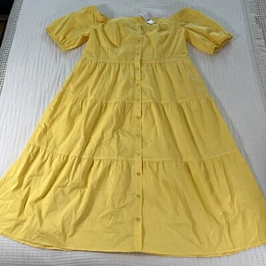 New York & Co Dress Womens XXL 2XL Tiered Midi Beach Poplin Puff Sleeve Yellow - Picture 1 of 14