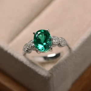 Anillo de corte ovalado esmeralda, anillo de esmeralda de laboratorio, piedra de nacimiento de mayo, plata de ley 925 - Imagen 1 de 6