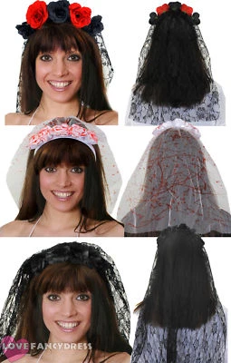 LADIES ROSE HEADBAND WITH VEIL DAY OF THE DEAD HALLOWEEN FANCY DRESS COSTUME - Image 1 of 4
