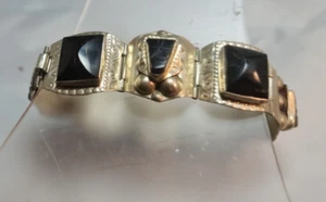 Vintage Taxco Silver Black Onyx Aztec Design Panel Link Bracelet Mexico Rare - Picture 1 of 14