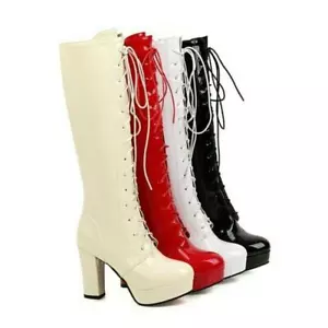 Para mujer Tacón de Bloque Rodilla Alto Años 60 70 Hippie GoGo Botas de Cosplay Patente Cuero Talla - Imagen 1 de 14
