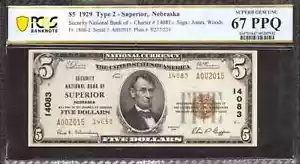 1929 $5 SECURITY NATIONAL BANKNOTE CURRENCY SUPERIOR NEBRASKA PCGS 67 UNC (015) - Picture 1 of 2
