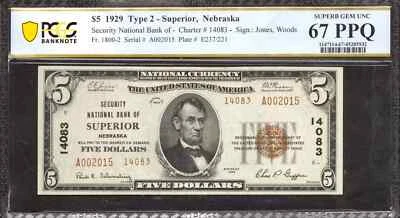 1929 $5 SECURITY NATIONAL BANKNOTE CURRENCY SUPERIOR NEBRASKA PCGS 67 UNC (015) - Image 1 of 2