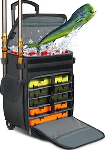 Rolling Tackle Box with Cooler, Large Fishing Bag with Wheels for 5 Trays - Picture 1 of 9