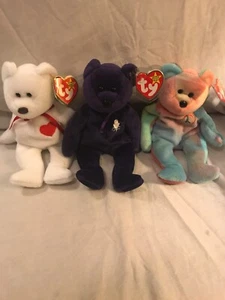 Vintage 1990’s Beanie Babies Lot Of 3 Bears Princess Valentino Peace W/ Tags - Picture 1 of 11