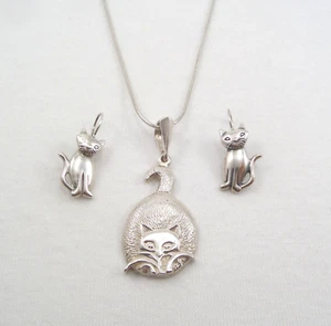 VTG Sterling Silver Necklace with Cat Pendant & Cat Earring Set 13.5 Grams - Picture 1 of 11
