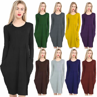 Ladies Womens Parachute Midi Dress Lagenlook Baggy Pocket Dresses UK 8-22 - Image 1 of 4