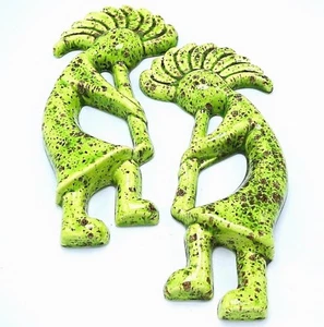 2 Ceramic Kokopelli Southwest Flute Player Wall Hanger Garden Decor Green 10" - Picture 1 of 6