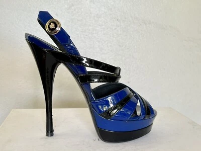Sandalias de plataforma Versace de piel de becerro azul cobalto/negro $800 37 Foto 1 de 4