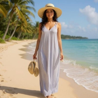 Maxi Vestido Tahari Azul Blanco Rayas Sin Mangas Mezcla de Lino Talla S Foto 1 de 4