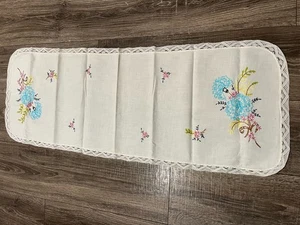 Vtg Aqua/Green/yellow/pink~ Hand Embroidered Floral Dresser Scarf~Table Runner - Picture 1 of 2