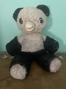 1950/60s Panda Bear Velvet Plush Stuffed Animal 13 Inches Tall Hair Loss As Is - Picture 1 of 8