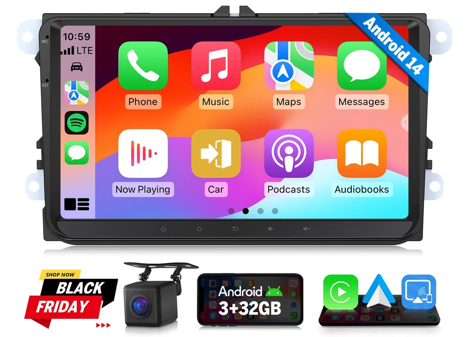 For VW Golf Jetta Passat 9" IPS wireless Android 14 CarPlay Car Stereo Radio GPS - Image 1 of 4