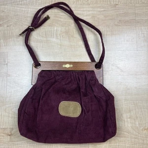 FS Originals 70s Handmade Purse w Wooden Handles 13x10x3 Burgundy Corduroy EUC - Picture 1 of 15