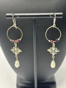 Sterling Silver Genuine Pearl Earrings Artisan Dakota West/Shube Vintage Dangle - Picture 1 of 8