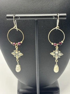 Sterling Silver Genuine Pearl Earrings Artisan Dakota West/Shube Vintage Dangle - Image 1 of 4