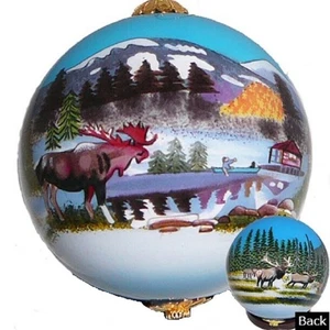 Elk and Moose in The Mountains Reverse Painted Glass Christmas Ornament Wildlife - Picture 1 of 1