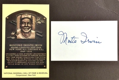 MLB Monte Irvin Autograph 3 x 5 Index and HOF Plaque Post Card NY Giants - Image 1 of 2