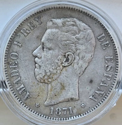 Spain 1871 (74) DE-M 5 Pesetas Silver Coin - Image 1 of 2