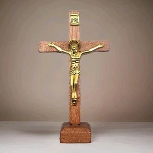 Vintage Table Wooden Brass Crucifix Catholic Faith Cross Tabletop Decor & Stand - Picture 1 of 9