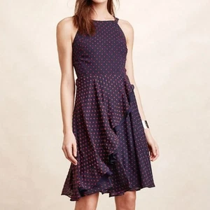 Eva Franco Maryanne Dress in Navy Red Dot Size 6 Halter Ruffle Skirt Back Cutout - Picture 1 of 12