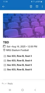 Houston Texans Preseason Carolina Sec 633 Row B 4 Tickets $80 - Picture 1 of 1