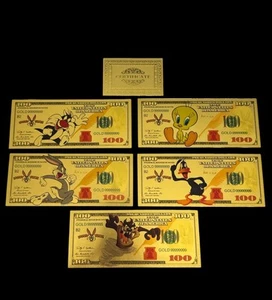 24k Gold Foil Plated Looney Tunes Banknote Set Warner Bros. Sammlerstück - Bild 1 von 2
