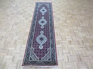 2'7 X 9'9 Runner Hand Knotted Red Black Mahi Tabriz Oriental Rug With Silk G4776 - Picture 1 of 10