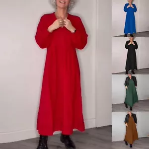 Women Elegant Long Sleeve Loose Plain Maxi Dresses Casual Solid Maxi Long Dress - Picture 1 of 39