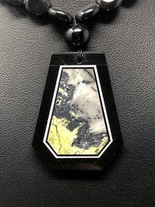 Adjustable Mosaic Inlay Serpentine & Obsidian Pendant Necklace Polished P12 - Picture 1 of 12