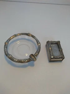 Set posacenere e fiammiferi vintage in vetro e metallo tono argento - Foto 1 di 5