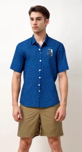 IZOD Cool FX Natural Stretch Butn Shirt - Mens L 46x30 - Blue SS Sailboat Print - Picture 1 of 12