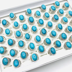 20pcs Silver Rings Oval Turquoise Stone Carved Pattern Ethnic Fashion Jewellery - Picture 1 of 8