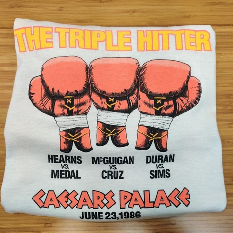 VTG 1986 Caesars Palace Triple Hitter Duran Hearns McGuigan Fight Promo TShirt L Cover