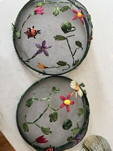 Food Screen Embroidered Flowers Ladybugs Fly Bug Cover Dome Picnic BBQ Vintage 2