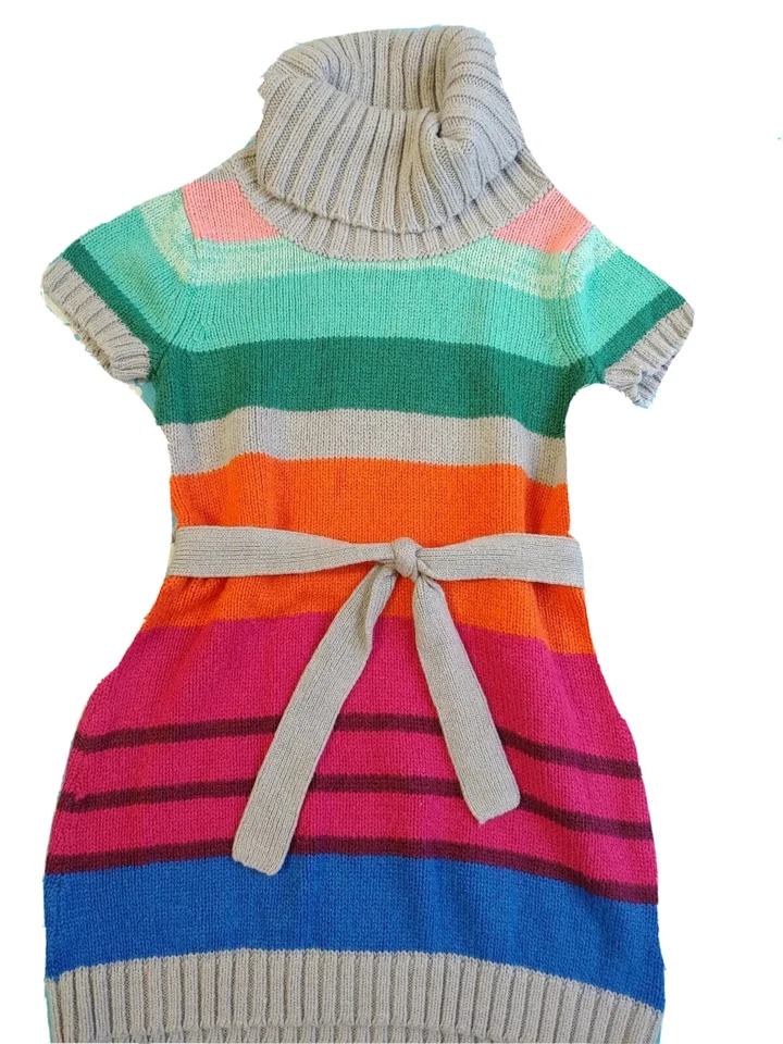 Vestido Suéter Crazy 8 Niñas Talla 4 XS Rayas Cinturón Cuello Alto Colorido Elástico Foto 1 de 4
