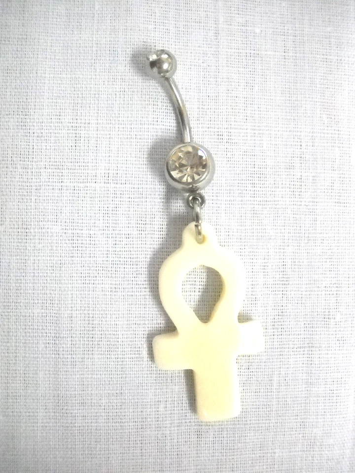 CARVED BUFFALO BONE ANKH / ANHK ETERNAL LIFE SYMBOL CHARM CLEAR CZ BELLY RING - Image 1 of 1