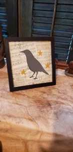 Primitive Handmade Cut Paper Crow and Stars On Sheet Music Framed - Picture 1 of 3