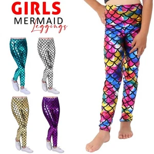 Girls Mermaid Leggings Stretchy Disco Shiny Metallic Fish Scale Trouser Pants - Picture 1 of 6