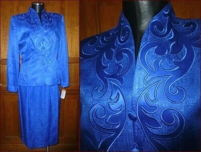 Nuevo Con Etiquetas Vintage ADRIANNA PAPELL Azul Real 100% SEDA Vestido Chaqueta Blazer Falda TRAJE Foto 1 de 4