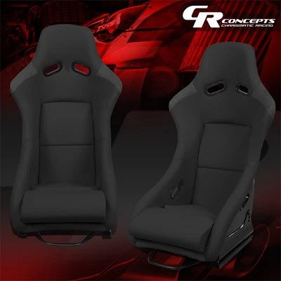 PAIR BLACK UNIVERSAL WOVEN FABRIC FIBERGLASS FIXED POSITION RACING BUCKET SEATS - Image 1 of 4