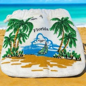 Vtg Florida Souvenir Drawstring Terry Cloth Lined Beach Bag Satchel Palm Trees - Picture 1 of 8