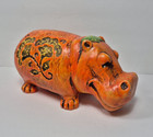 Vintage 70’s Kitschy Boho Orange Floral Ceramic Bank Hippopotamus House Hippo