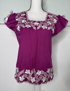 Mexican Embroidered Blouse XS Violet Floral Boho Huipil Top Handmade Mexico - Picture 1 of 12