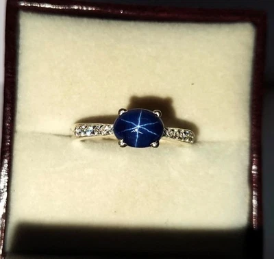 Anello di fidanzamento in argento sterling 925 con zaffiro stella blu natural... - Immagine 1 di 4