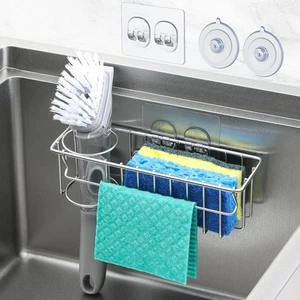 3-In-1 Sponge Holder for Kitchen Sink with Suction Cups & Adhesive Silver - Picture 1 of 9
