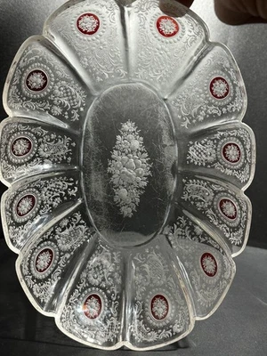 Антикварное МОЗЕРНОЕ БОГЕМНОЕ чешское стекло рубиновая прошитая огранка прозрачное травленое красное золото ЧИТАЙТЕ - Изображение 1 из 4