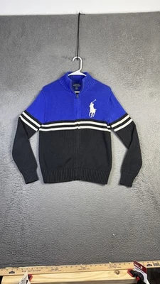 Polo Ralph Lauren Sweater Mens Large Blue Black Full Zip Big Pony Knit Pullover - Image 1 of 4