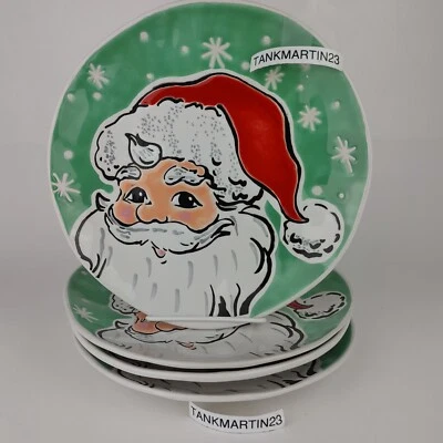 Set of 4 ELI + ANA Sammy Santa Green Christmas Holiday Ceramic Salad Plates - Image 1 of 4